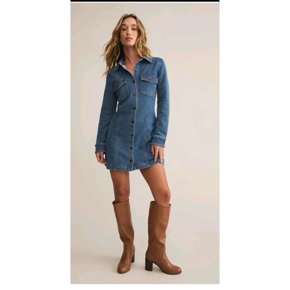 Z Supply Candice Knit Denim Dress Vintage Indigo Blue Mini Shirt Dress XS NWT